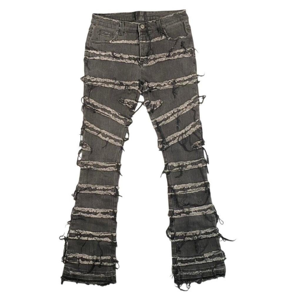 Valabasas Men Washed Black Distressed Stacked Jeans 34 Frayed Striped Streetwear